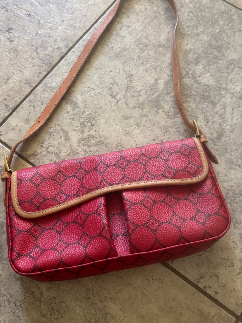 VINTAGE 90s BOHO FOSSIL COATED CANVAS LEATHER BAGUETTE HAND BAG - Picture 2 of 2